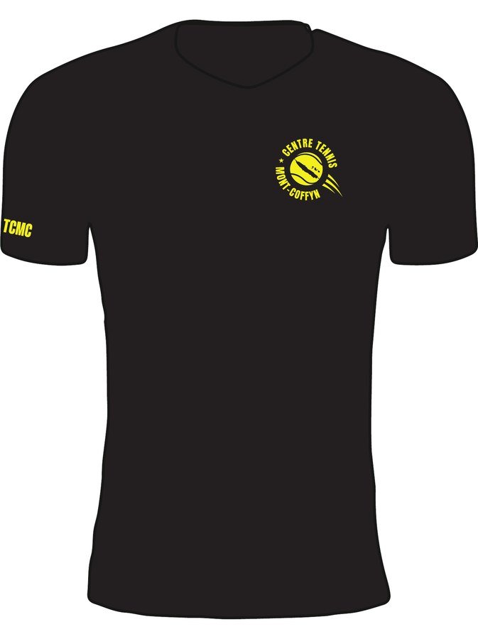 T-shirt noir du Centre de Tennis du Mont-Coffyn, logo jaune sur la poitrine